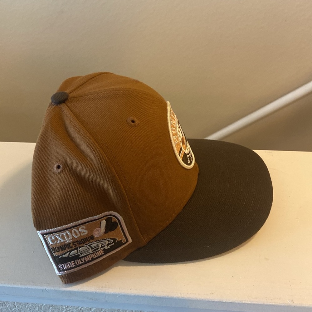 Montreal Expos New Era Fitted Baseball Hat Light Brown brim dark brown 7 1/4 - Picture 2 of 5